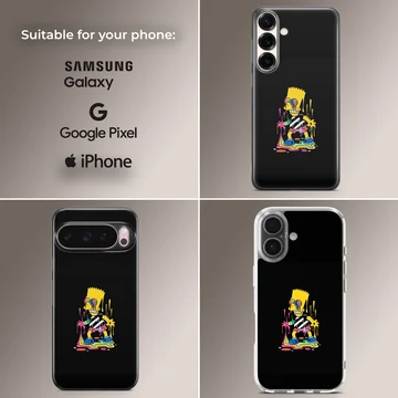 A stylized cartoon character with melting rainbow colors against a solid black background on a phone case — Collage