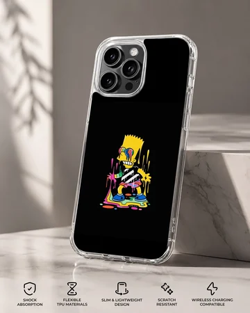 A stylized cartoon character with melting rainbow colors against a solid black background on a phone case — Specs