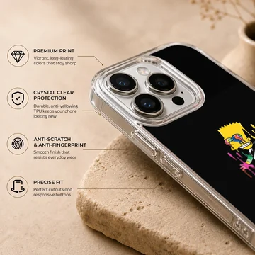 A stylized cartoon character with melting rainbow colors against a solid black background on a phone case — Info