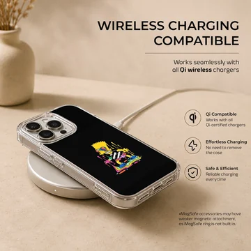 A stylized cartoon character with melting rainbow colors against a solid black background on a phone case — Charging