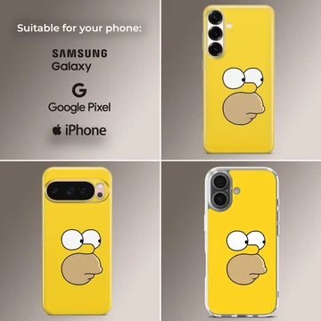 Close-up of a cartoon yellow character face with wide eyes and a prominent snout on a phone case — Collage