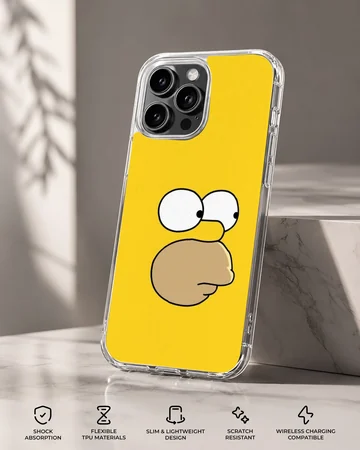 Close-up of a cartoon yellow character face with wide eyes and a prominent snout on a phone case — Specs