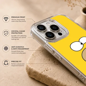 Close-up of a cartoon yellow character face with wide eyes and a prominent snout on a phone case — Info