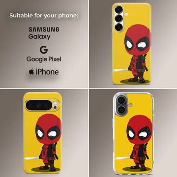 Chibi mercenary cartoon character with a sword against a bright yellow background phone case — Collage