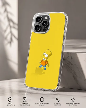 A vibrant yellow phone case featuring a classic animated boy character illustration, shown on a marble surface. — Specs