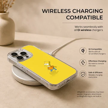 A vibrant yellow phone case featuring a classic animated boy character illustration, shown on a marble surface. — Charging