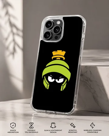 A stylized green and yellow cartoon helmet graphic against a deep black background on a phone case — Specs