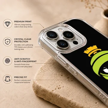 A stylized green and yellow cartoon helmet graphic against a deep black background on a phone case — Info