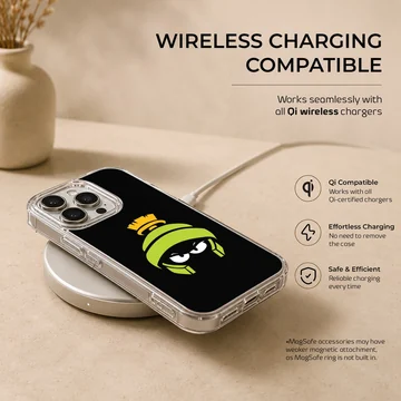 A stylized green and yellow cartoon helmet graphic against a deep black background on a phone case — Charging