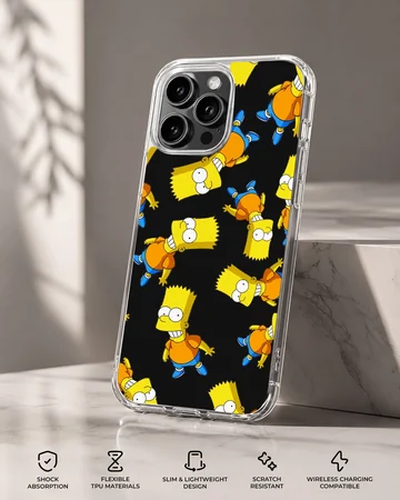 Repeating yellow cartoon character pattern on a matte phone case — Specs
