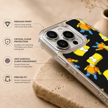 Repeating yellow cartoon character pattern on a matte phone case — Info