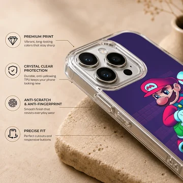 Retro gaming hero cartoon artwork on a matte TPU phone case — Info
