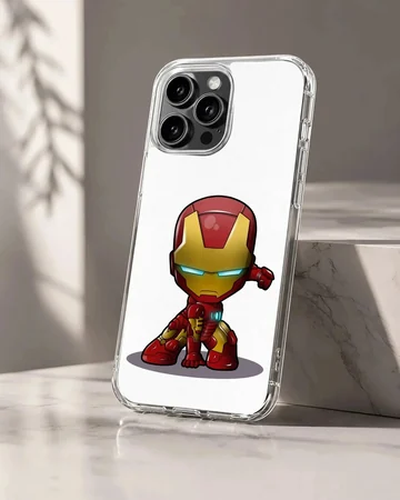 Chibi armored superhero character in a red and gold suit crouched on a phone case