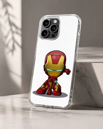 Chibi armored superhero character in a red and gold suit crouched on a phone case — Hero