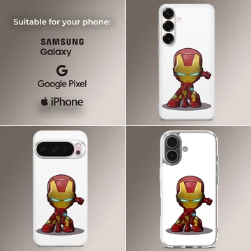 Chibi armored superhero character in a red and gold suit crouched on a phone case — Collage