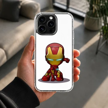 Chibi armored superhero character in a red and gold suit crouched on a phone case — Lifestyle