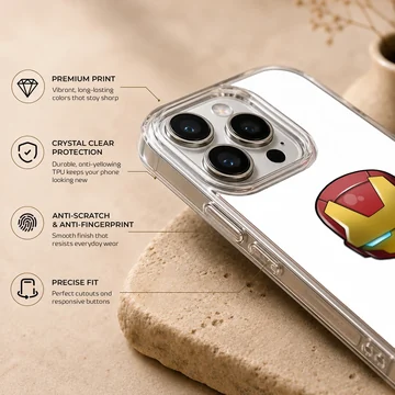 Chibi armored superhero character in a red and gold suit crouched on a phone case — Info