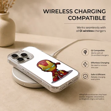 Chibi armored superhero character in a red and gold suit crouched on a phone case — Charging