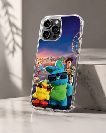 Colorful cartoon carnival scene phone case featuring plush characters in sunglasses — Hero