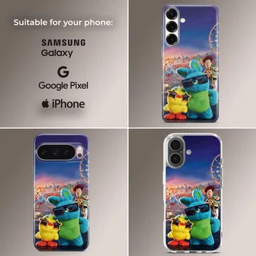 Colorful cartoon carnival scene phone case featuring plush characters in sunglasses — Collage
