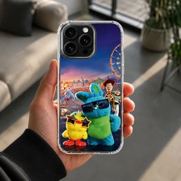 Colorful cartoon carnival scene phone case featuring plush characters in sunglasses — Lifestyle