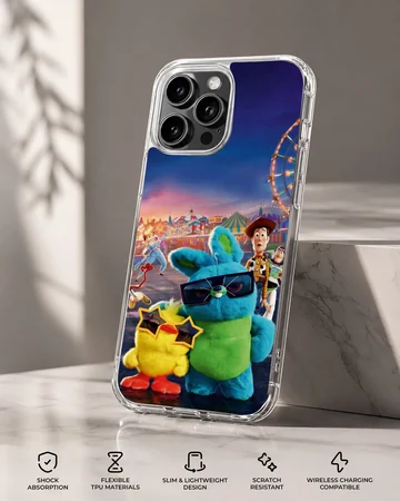 Colorful cartoon carnival scene phone case featuring plush characters in sunglasses — Specs