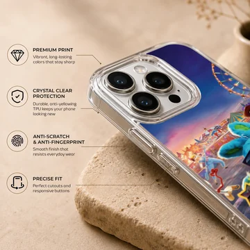 Colorful cartoon carnival scene phone case featuring plush characters in sunglasses — Info