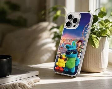 Colorful cartoon carnival scene phone case featuring plush characters in sunglasses — Lifestyle