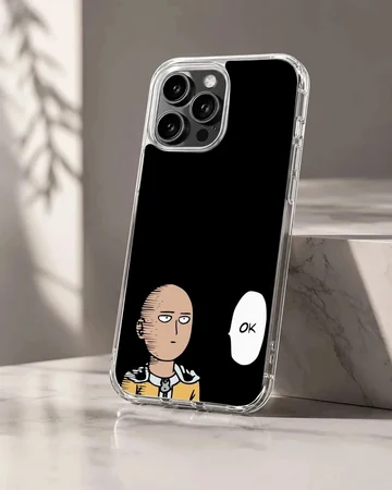 Minimalist anime hero cartoon character with a speech bubble reading OK on a black phone case