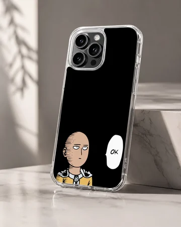 Minimalist anime hero cartoon character with a speech bubble reading OK on a black phone case — Hero