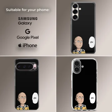 Minimalist anime hero cartoon character with a speech bubble reading OK on a black phone case — Collage