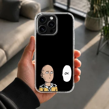 Minimalist anime hero cartoon character with a speech bubble reading OK on a black phone case — Lifestyle