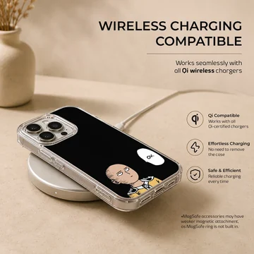 Minimalist anime hero cartoon character with a speech bubble reading OK on a black phone case — Charging