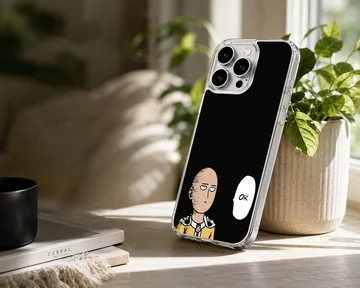 Minimalist anime hero cartoon character with a speech bubble reading OK on a black phone case — Lifestyle
