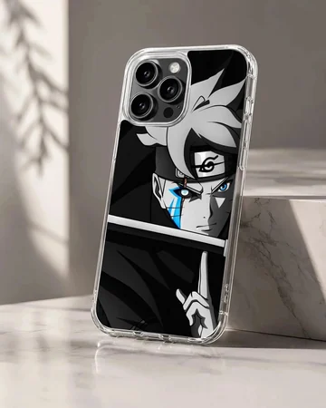 Monochrome anime character art print featuring a glowing blue face mark and headband on a phone case