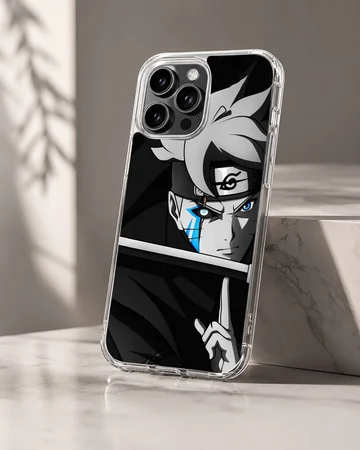 Monochrome anime character art print featuring a glowing blue face mark and headband on a phone case — Hero