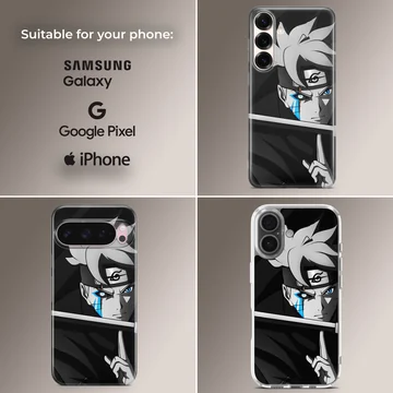 Monochrome anime character art print featuring a glowing blue face mark and headband on a phone case — Collage