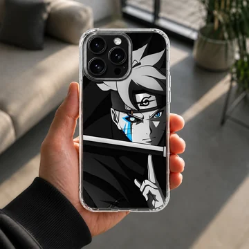 Monochrome anime character art print featuring a glowing blue face mark and headband on a phone case — Lifestyle