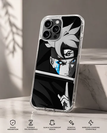 Monochrome anime character art print featuring a glowing blue face mark and headband on a phone case — Specs