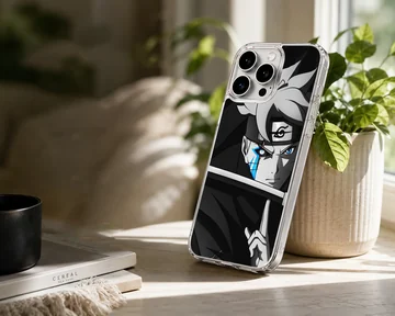Monochrome anime character art print featuring a glowing blue face mark and headband on a phone case — Lifestyle