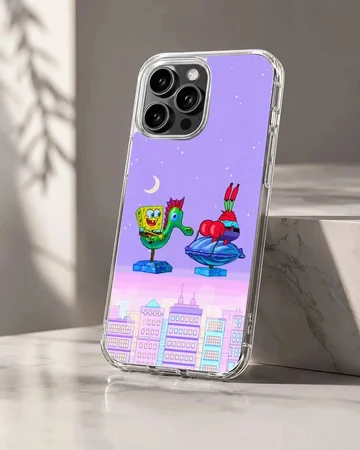 SpongeBob and Mr Krabs riding creatures over a pastel skyline on a phone case