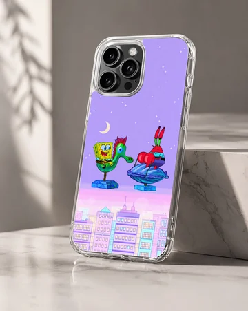 SpongeBob and Mr Krabs riding creatures over a pastel skyline on a phone case — Hero