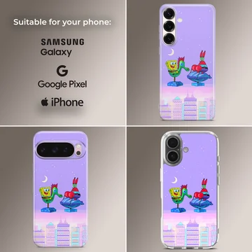 SpongeBob and Mr Krabs riding creatures over a pastel skyline on a phone case — Collage