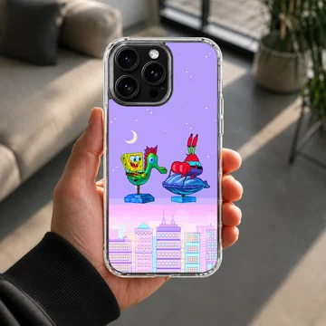 SpongeBob and Mr Krabs riding creatures over a pastel skyline on a phone case — Lifestyle