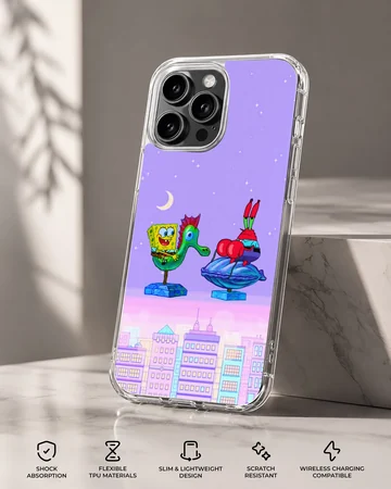 SpongeBob and Mr Krabs riding creatures over a pastel skyline on a phone case — Specs