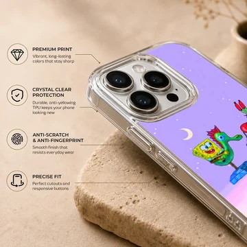 SpongeBob and Mr Krabs riding creatures over a pastel skyline on a phone case — Info