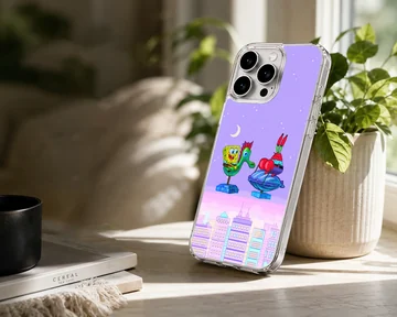 SpongeBob and Mr Krabs riding creatures over a pastel skyline on a phone case — Lifestyle
