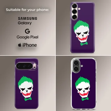 Jester skull cartoon art with green hair and red grin on a purple background phone case — Collage