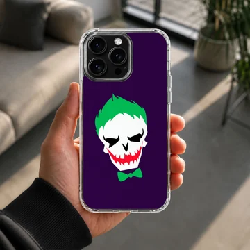 Jester skull cartoon art with green hair and red grin on a purple background phone case — Lifestyle