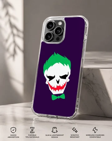 Jester skull cartoon art with green hair and red grin on a purple background phone case — Specs